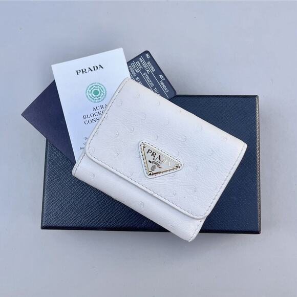 Prada White Ostrich Leather Compact Wallet With Box And Card - Picture 1 of 16
